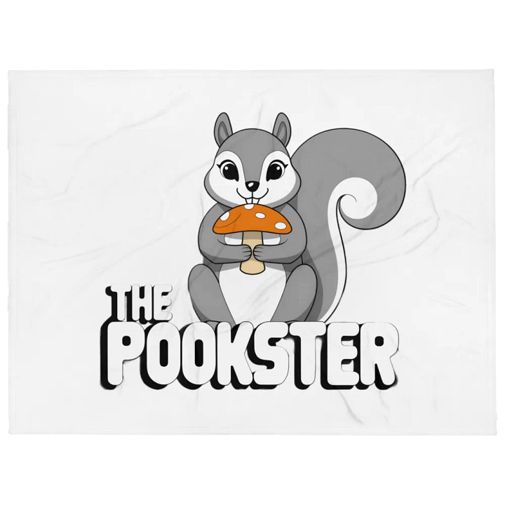 Ultra soft and plushy blanket: The Pookster: Large Pooky, 70s font, mushroom, transparent background. greyscale with red mushroom product image (1)