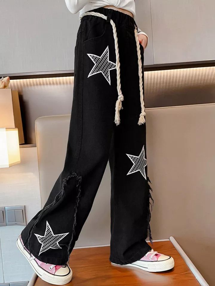 Kids Girls Jeans Unique Denim Pants Star Printed Trousers Ripped Casual product image (5)