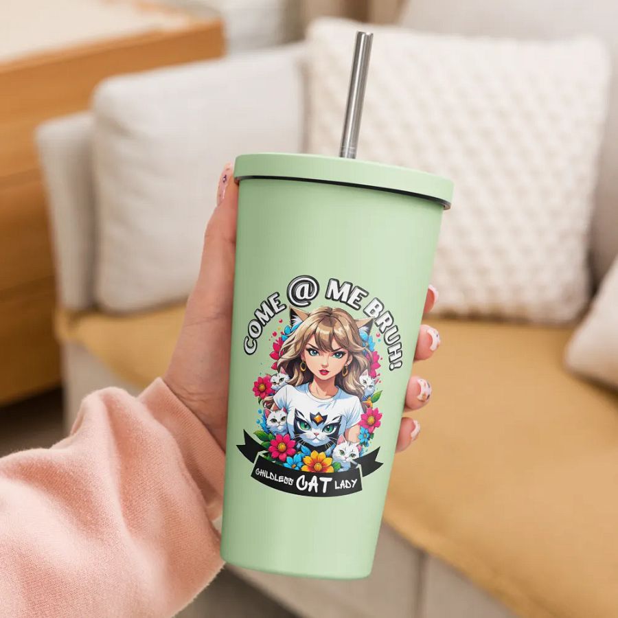 Childless Cat Lady 20 oz Tumbler Cup - Mint - Insulated Tumbler with a Straw product image (3)