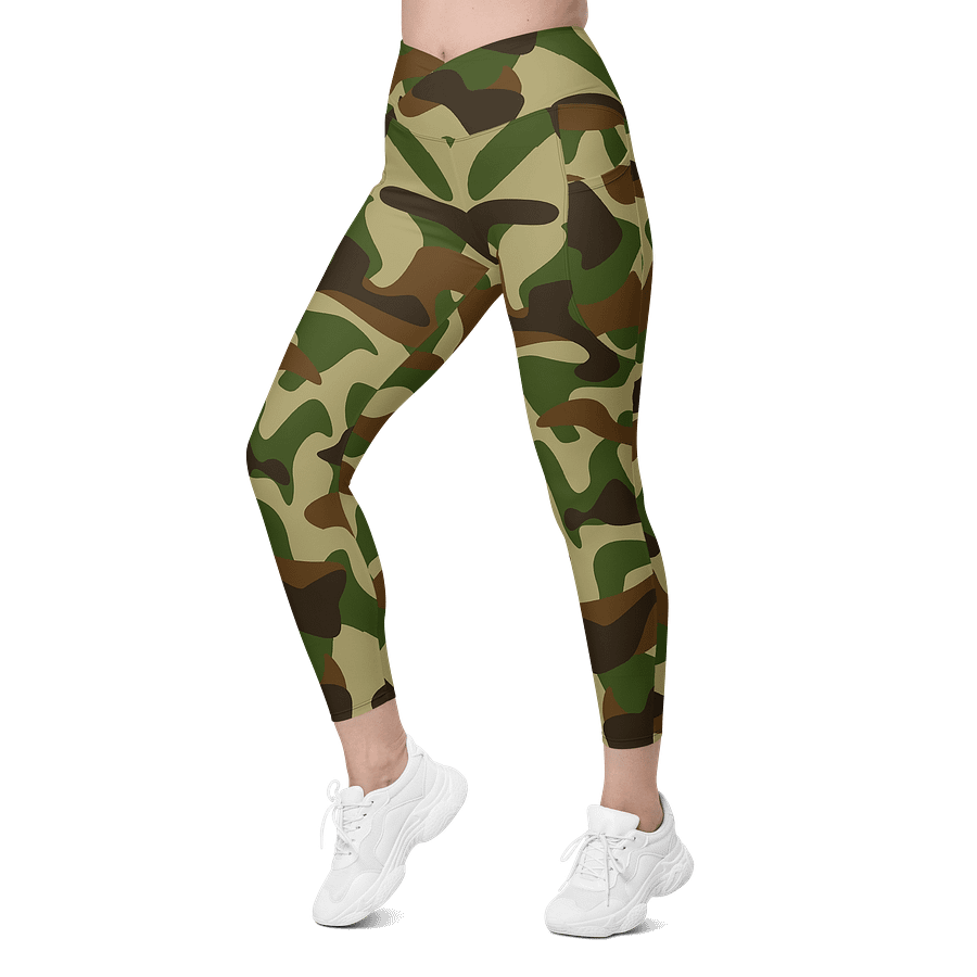 Woodland Green Army Camouflage Military Camo Pattern Crossover Leggings with Pockets product image (5)