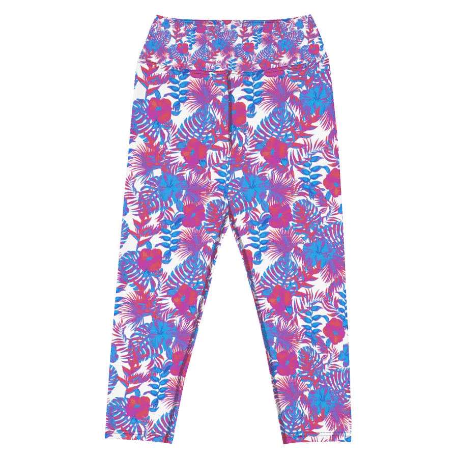 Yoga capri  leggings blue and pink colors tropical leaves design. Perfect for holiday vibes product image (4)