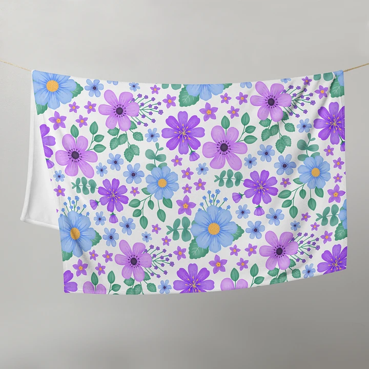 Vibrant Floral Blooms Blue Mauve Purple Blanket - White product image (1)