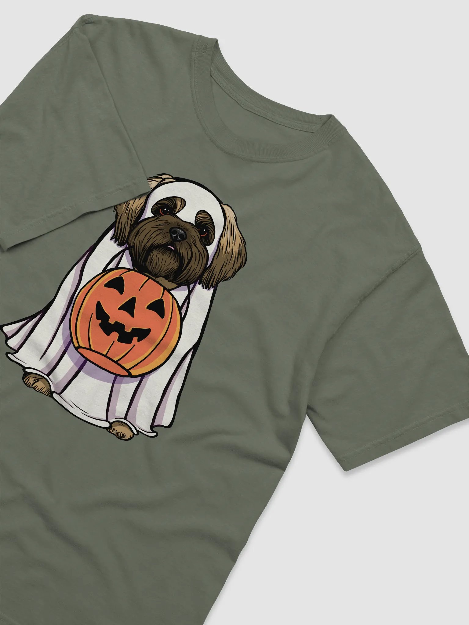 Funny Halloween Shih Tzu(Brown Mask) T-Shirt | Funny Dog Wearing a Ghost Costume and Holding a Pumpkin Basket product image (10)
