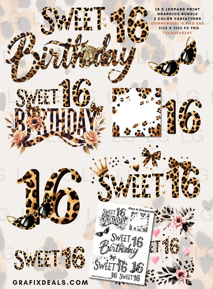 Mega Sweet 16 Graphics Bundle - Leopard Print Commercial POD use product image (1)