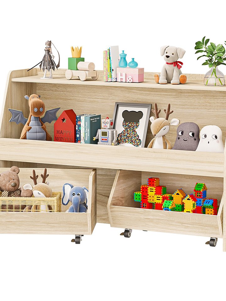 2-Tier Portable Toy Storage, Kids Toy Organizer W/2 Removable Bins with 4 Wheels（Wood) product image (1)