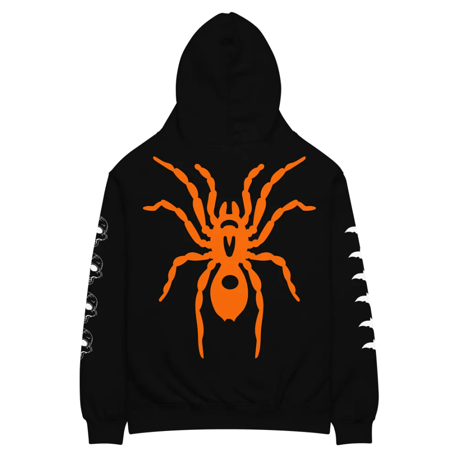 Cozy Halloween Hoodie Featuring Pumpkin Smile, Large Spider on the Back, Bats on One Sleeve, and Skulls on the Other - Perfect for Fall Celebrations and Trick-or-Treating! product image (7)