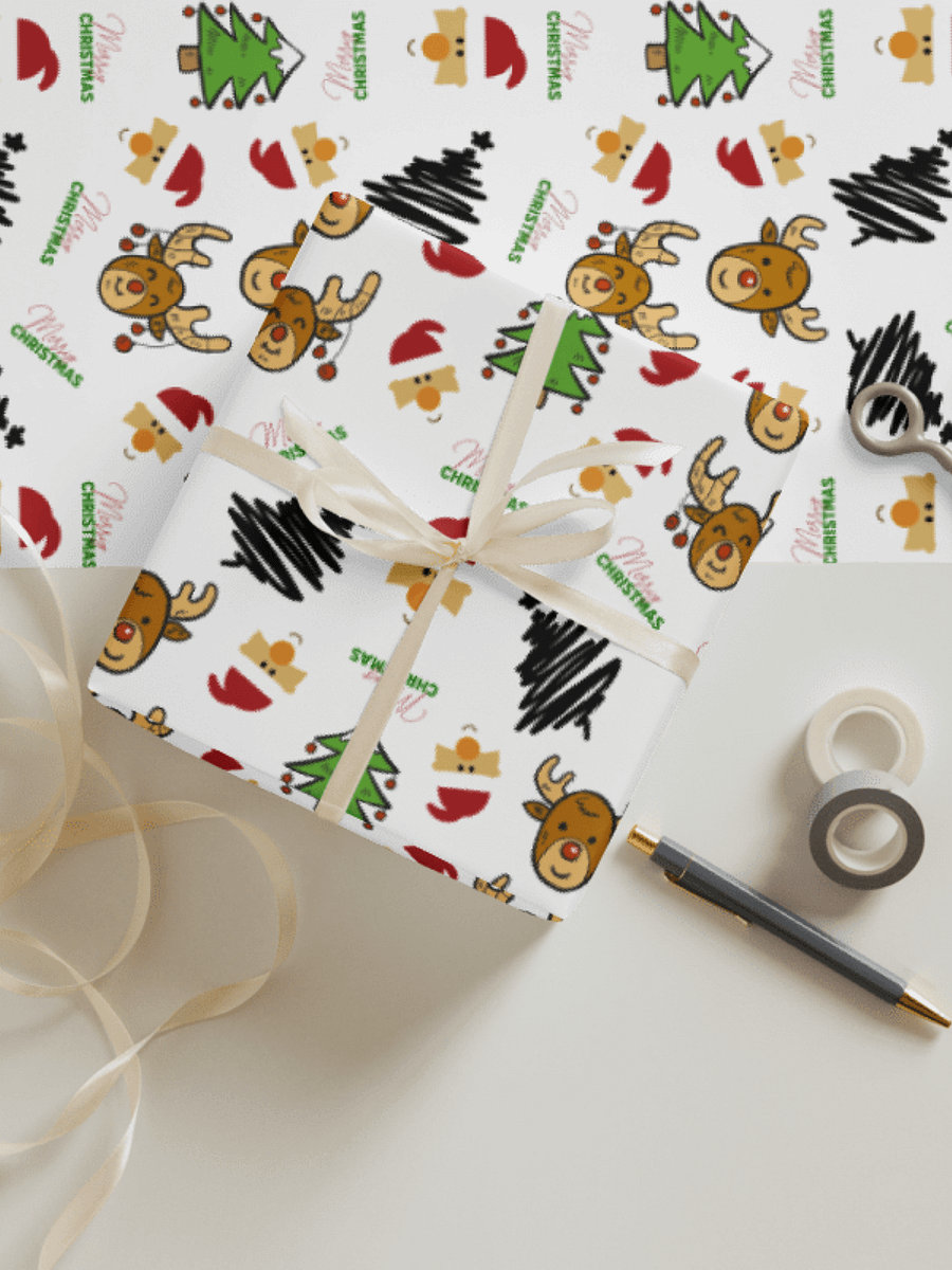 Reindeer, Santa, Christmas Tree Wrapping Paper - White product image (1)