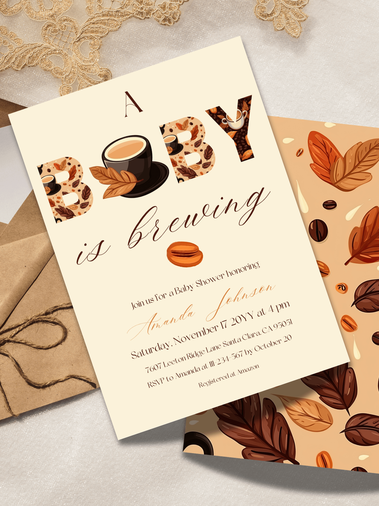 Coffee Baby Shower Invitation, Rustic Beige Baby Shower Party, A Baby is Brewing Themed Brunch Invite, Digital Download Canva Template product image (4)