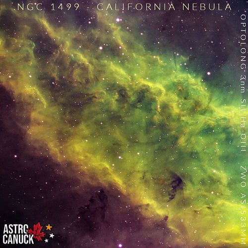 NGC 1499 - the California Nebula.

The modified colour pallet that comes from Sulfur II, Hydrogen Alpha, and Oxygen III can c...