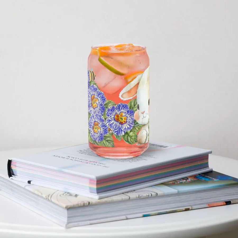 Garden Whispers: Bunny and the Primula Zebra Blues | 16oz Glass Can | Nature-Inspired Drinkware product image (4)