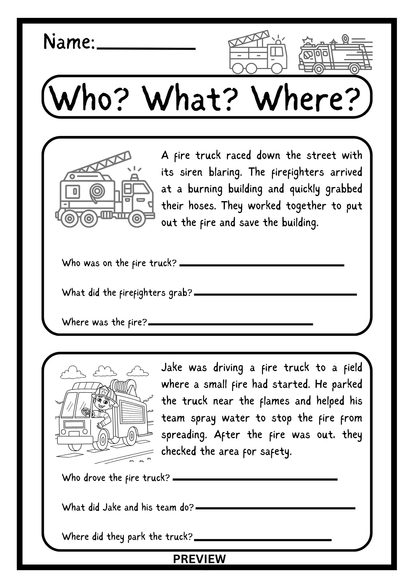 WHO? WHAT? WHERE? Truck Fire -THEMED WORKSHEET product image (1)