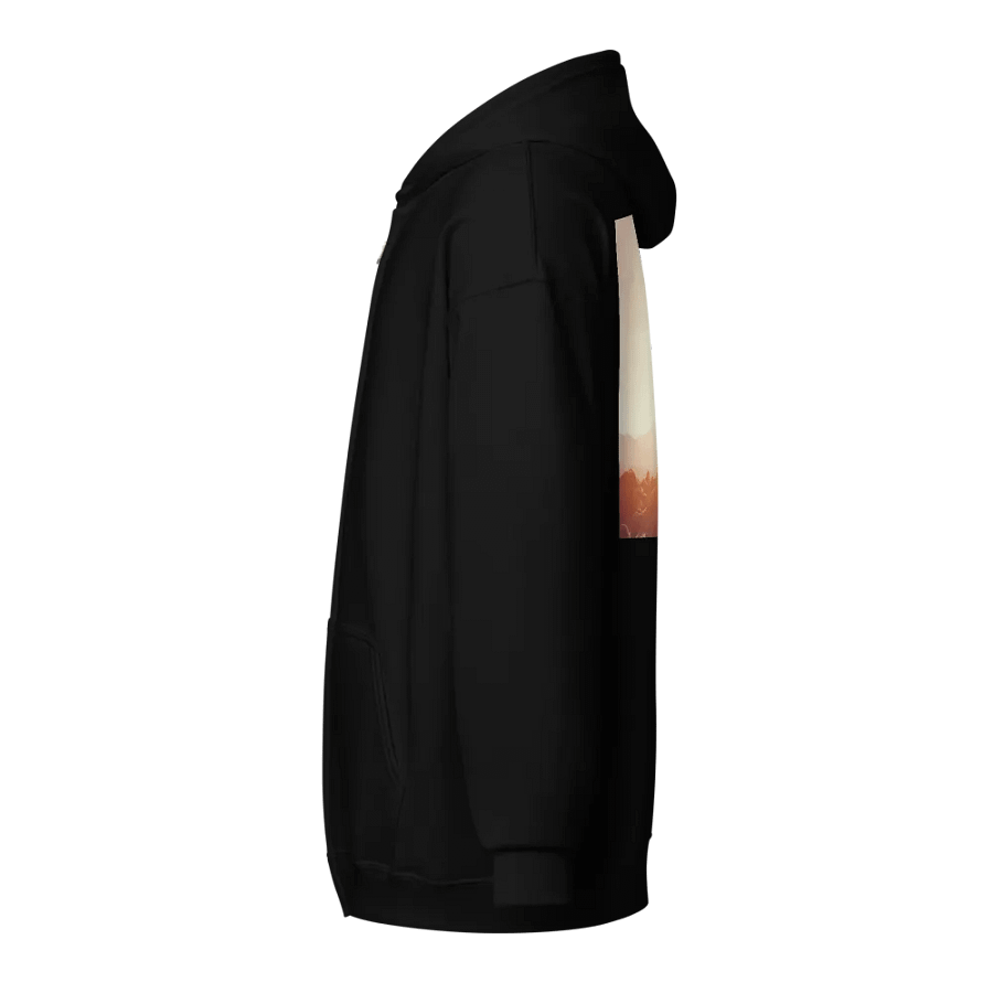 A cross placed on top of a rocky hill, bathed in the warm glow of a sunrise or sunset Hoodie product image (3)