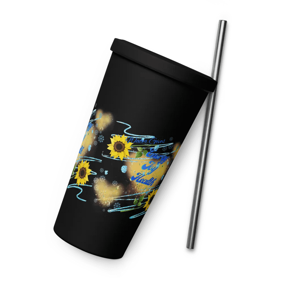 Insulated Tumbler with straw with beautiful swirly  water drop splash and drops design, featuring ‘This water gives Harmony in Body and Mind