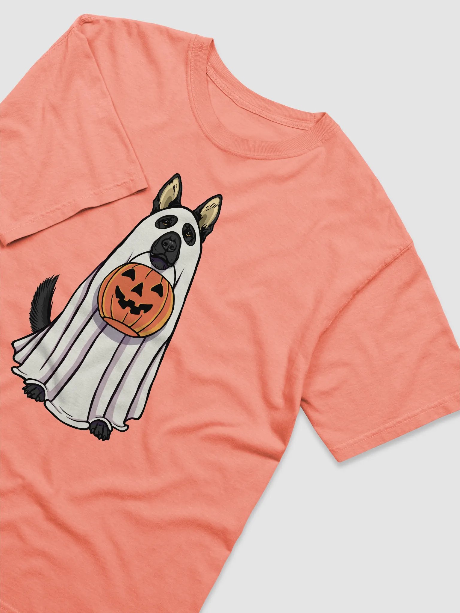 Funny Halloween German Shepherd(Black) T-Shirt | Funny GSD Wearing a Ghost Costume and Holding a Pumpkin Basket product image (20)