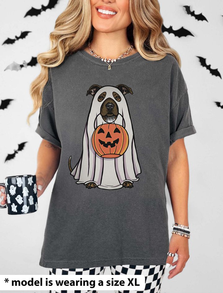 Funny Halloween Staffordshire Terrier(Brindle) T-Shirt | Funny Staffy Wearing a Ghost Costume and Holding a Pumpkin Basket product image (14)