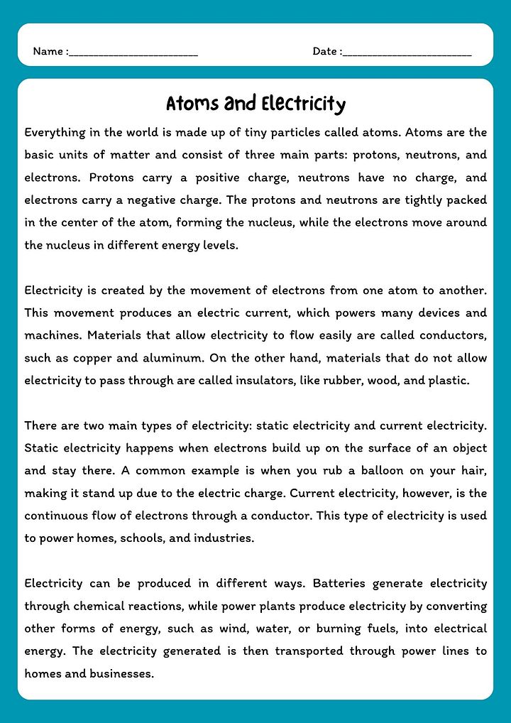 Atoms and Electricity - Reading Comprehension with Questions product image (1)