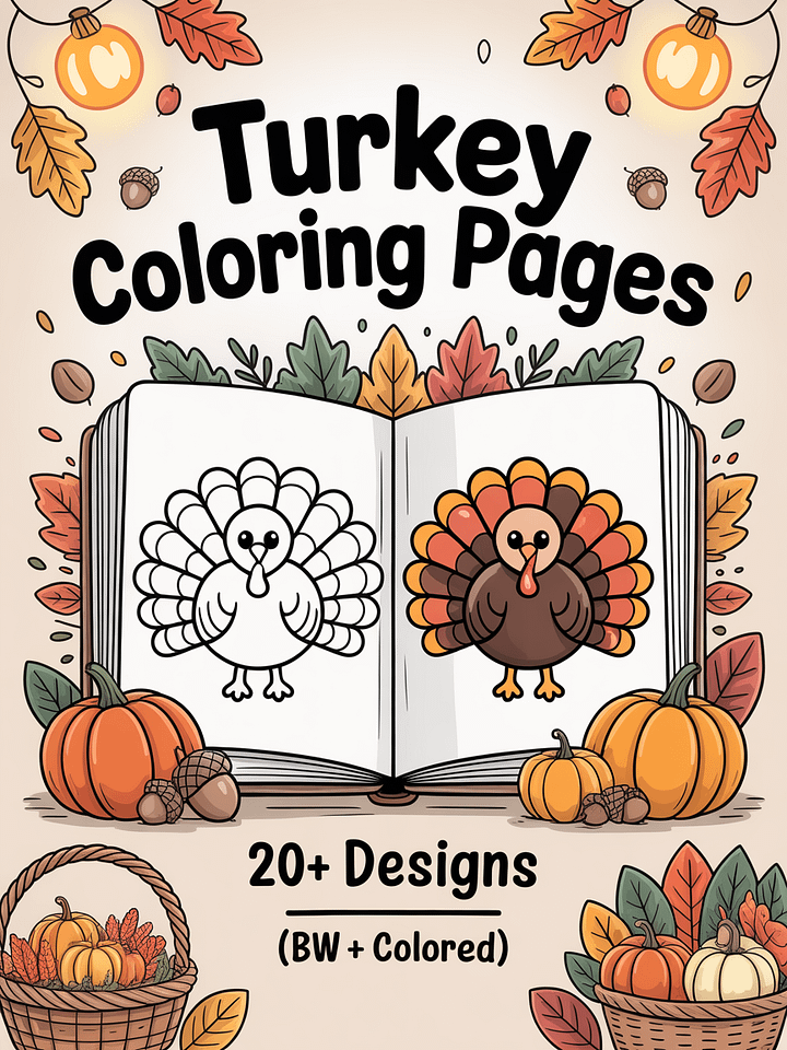 Turkey Coloring Pages | 20+ Cute Thanksgiving Designs | Black & White + Colored Reference Pack product image (1)