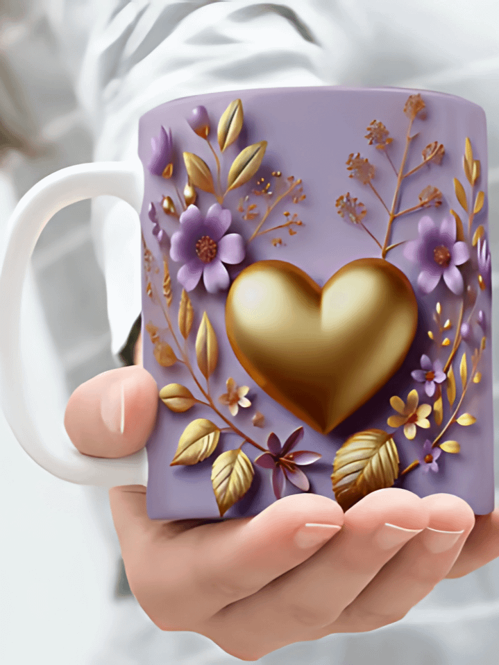 Elegant 3D Golden Heart & Purple Flowers Mug Wrap – Romantic Sublimation Design for 11oz & 15oz Mugs – Valentine’s PNG Template – 300 DPI Instant Download product image (1)