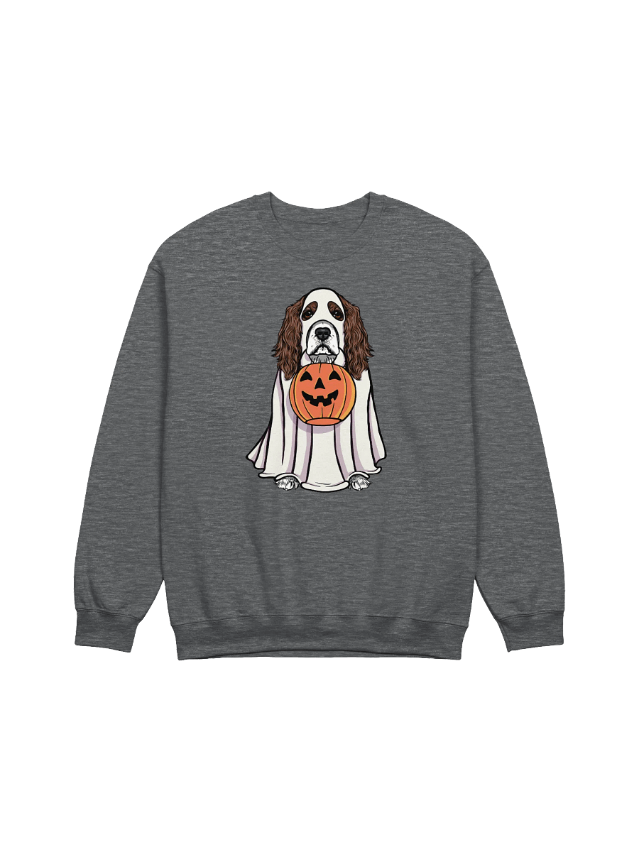 Funny Halloween Cocker Spaniel(Liver & White) Sweatshirt | Funny Cocker Spaniel Wearing a Ghost Costume and Holding a Pumpkin Basket product image (7)
