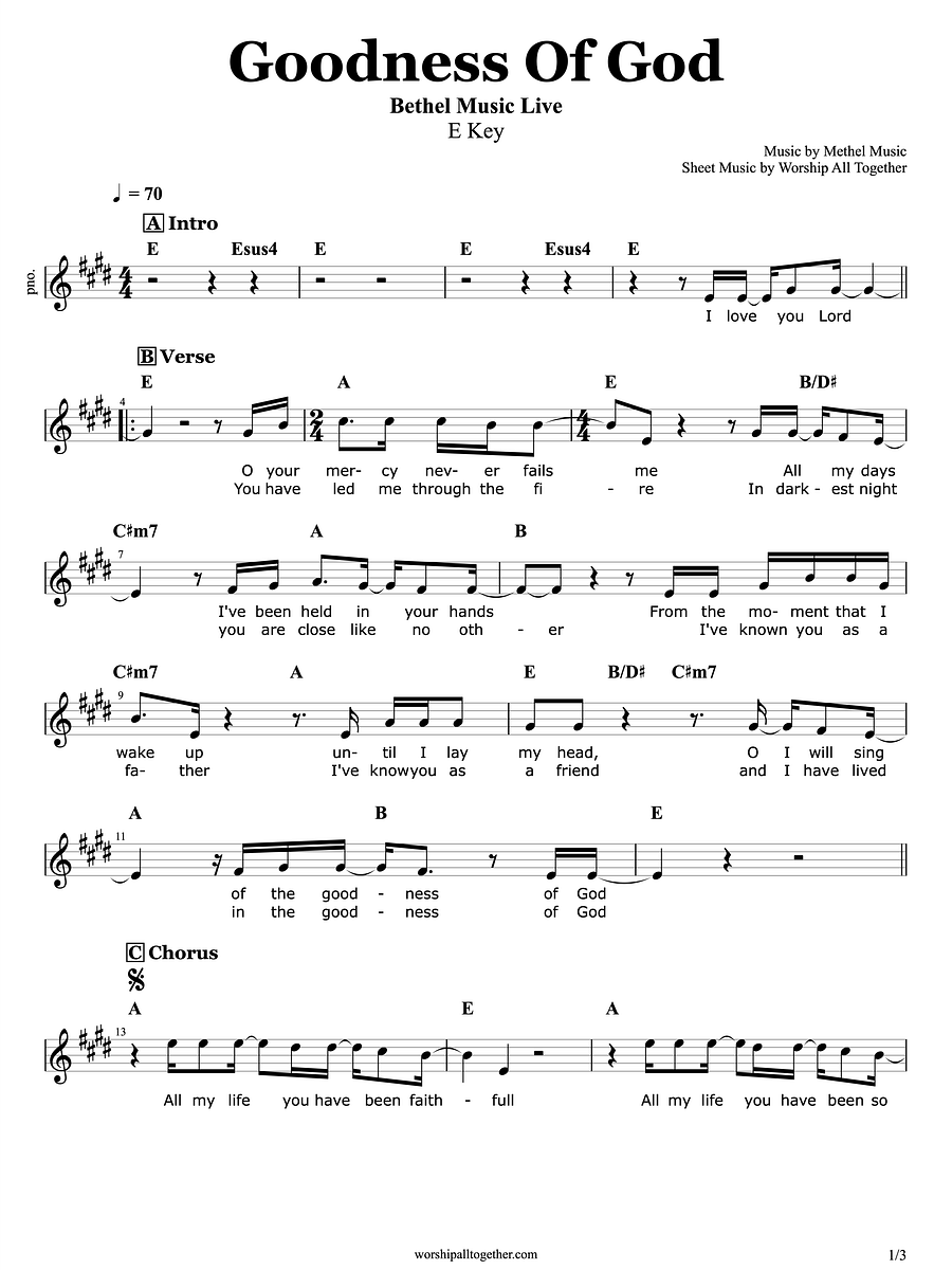 Goodness Of God (E Key) - Bethel Music | Sheet Music, Chord, Lyrics product image (1)