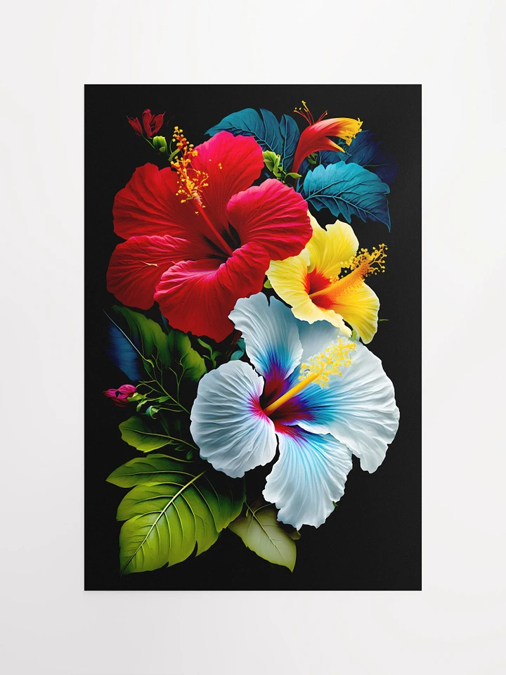 Bouquet of Hibiscus Flowers in Red Yellow Blue with Leaves Black Background Matte Poster product image (2)