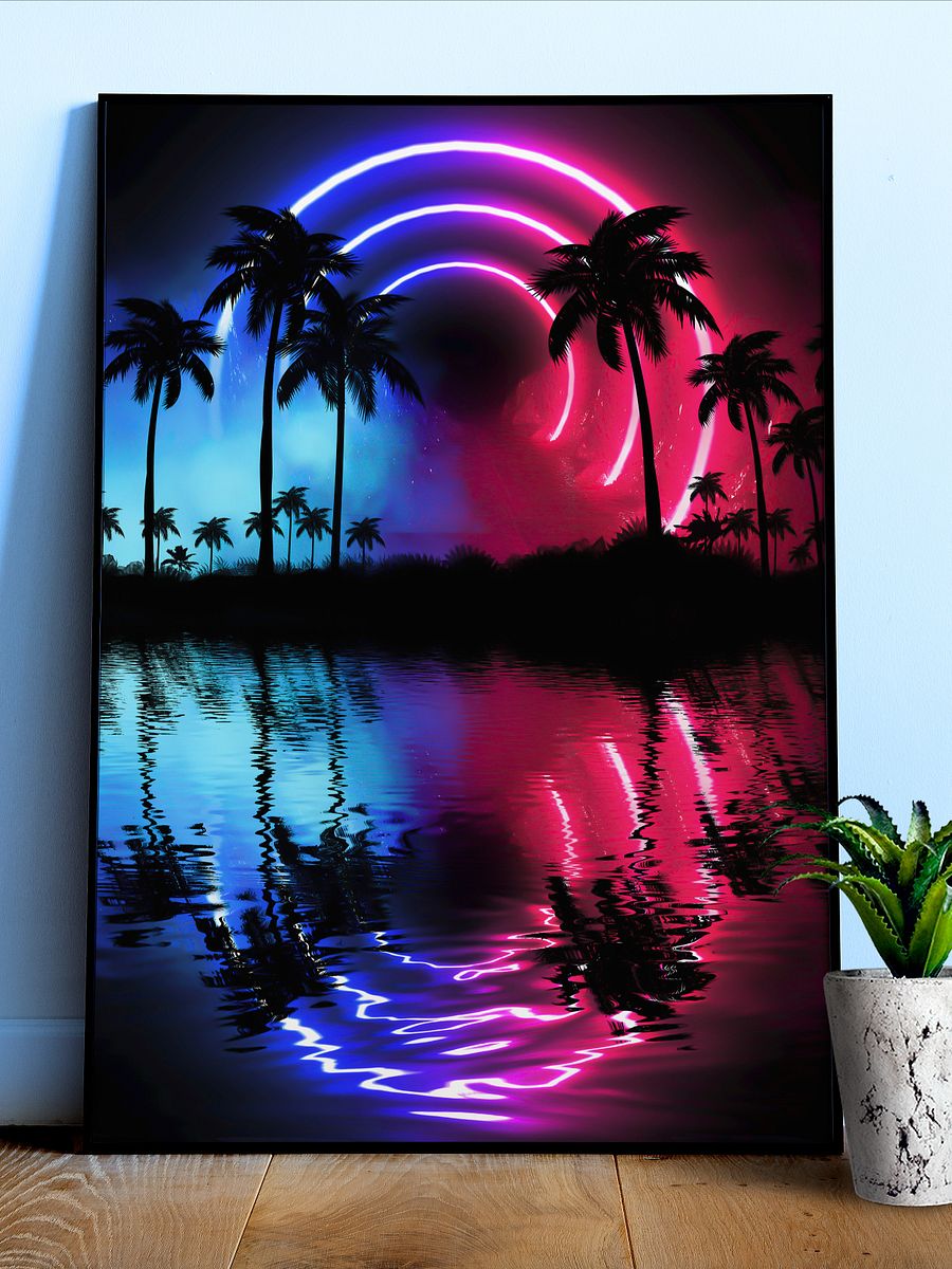 Neon landscape: Palms & Arc [synthwave/vaporwave/cyberpunk] — Aesthetic retrowave poster product image (1)