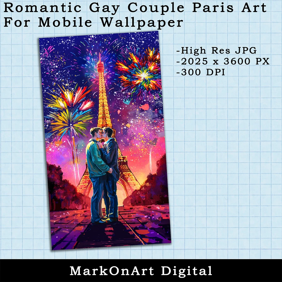 Romantic Gay Couple in Paris Art For Mobile Phone Wallpaper or Lock Screen | High Res for iPhone or Android Cellphones product image (2)