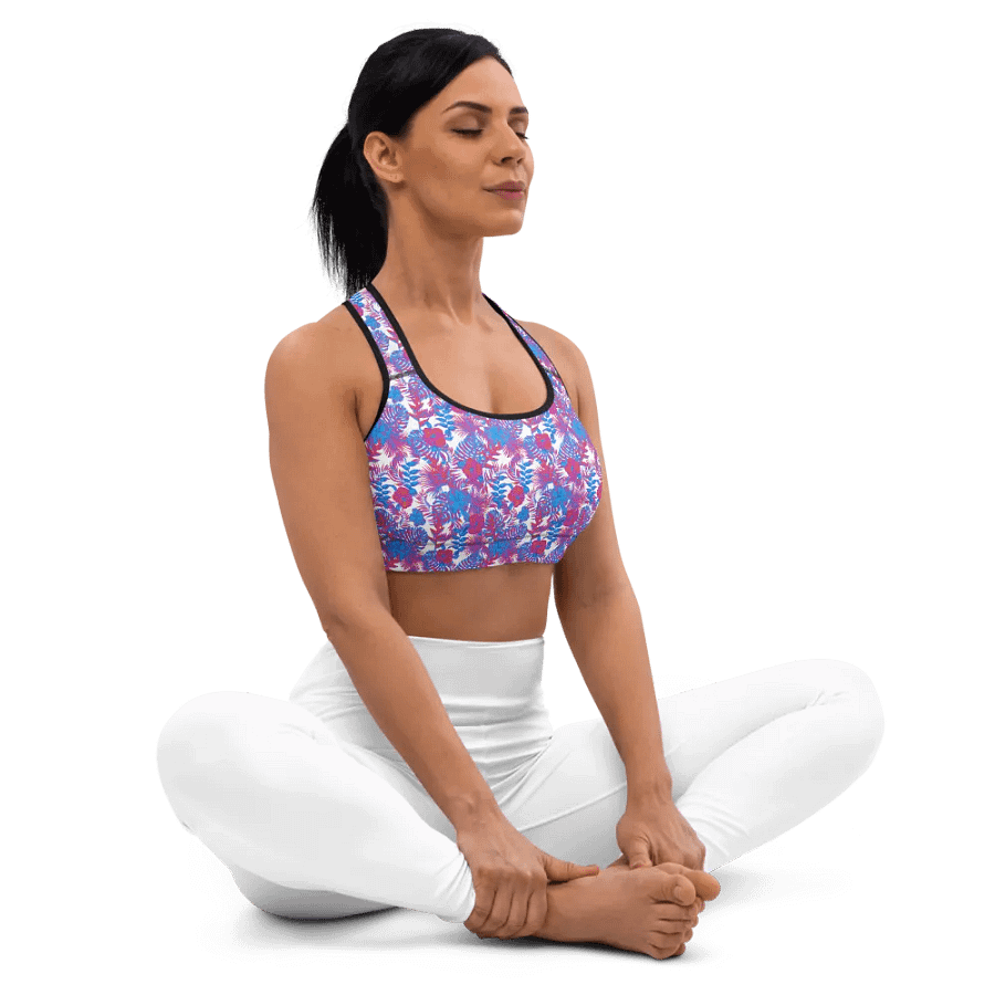 sports bra in blue and pink colors tropical leaves design. Perfect for holiday vibes product image (4)