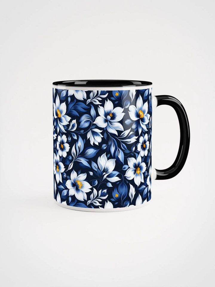 Coffee Mug with Color Inside - Floral Pattern in Blue and White on Dark Blue Background product image (1)