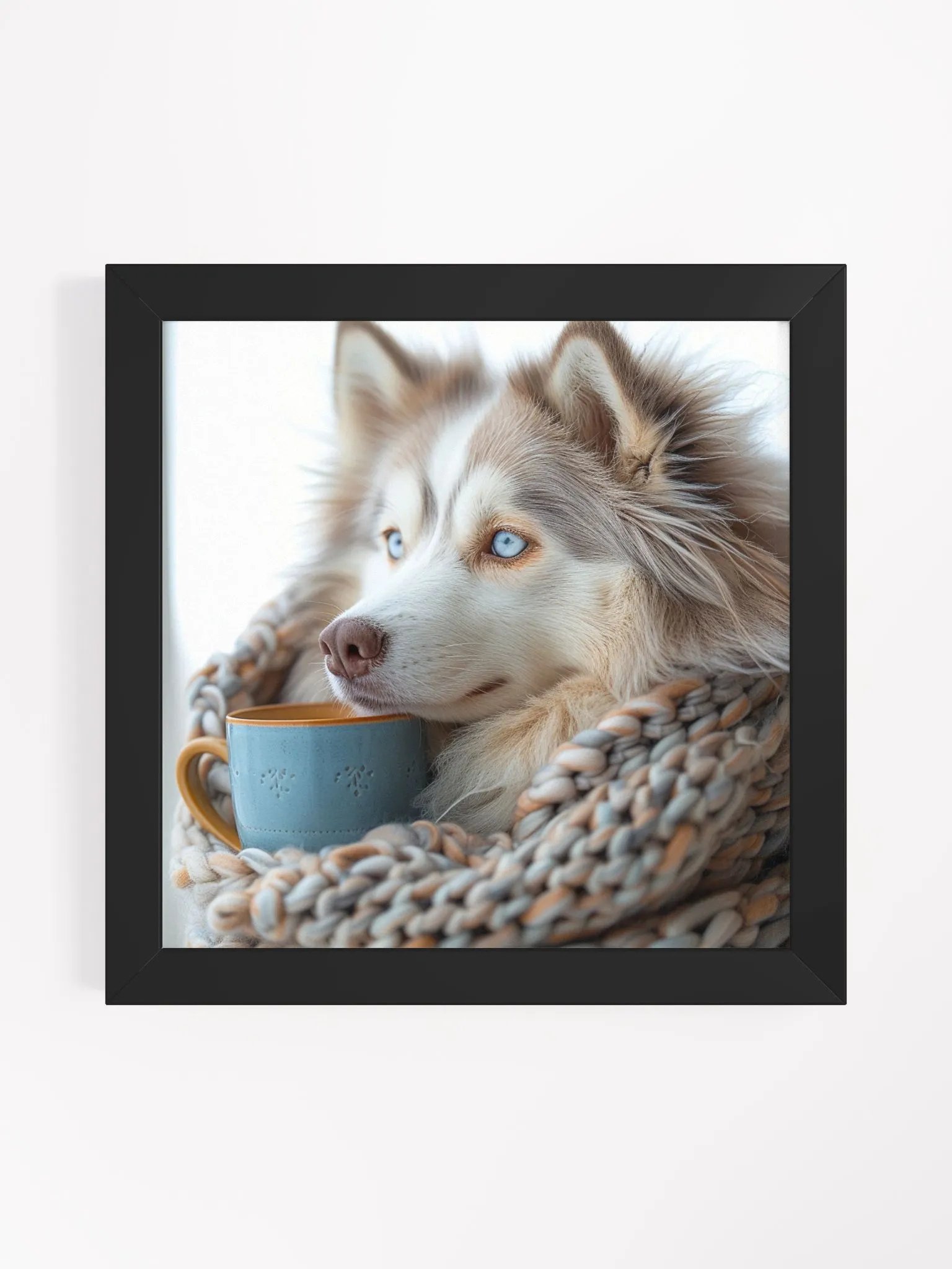 Coffee Lover Cute Blue Eyed Husky Dog Framed Wall Art product image (1)