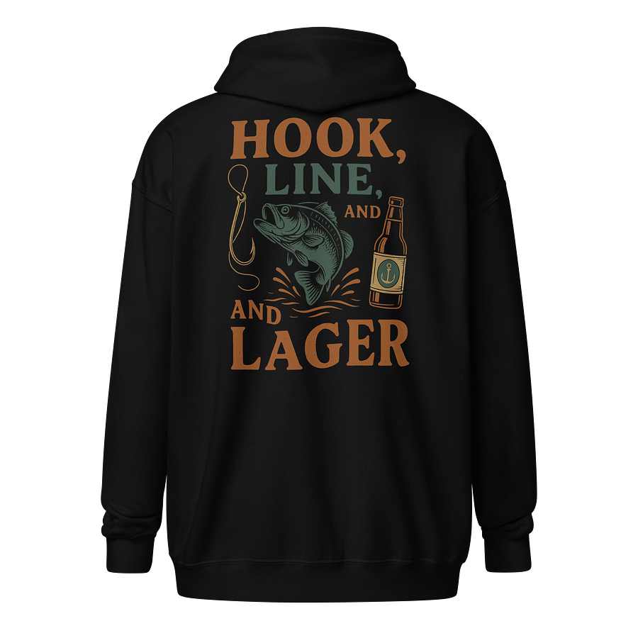 Hook, Line, & Lager Zip Hoodie – Funny Angler Hoodie with Beer & Bass Design product image (1)