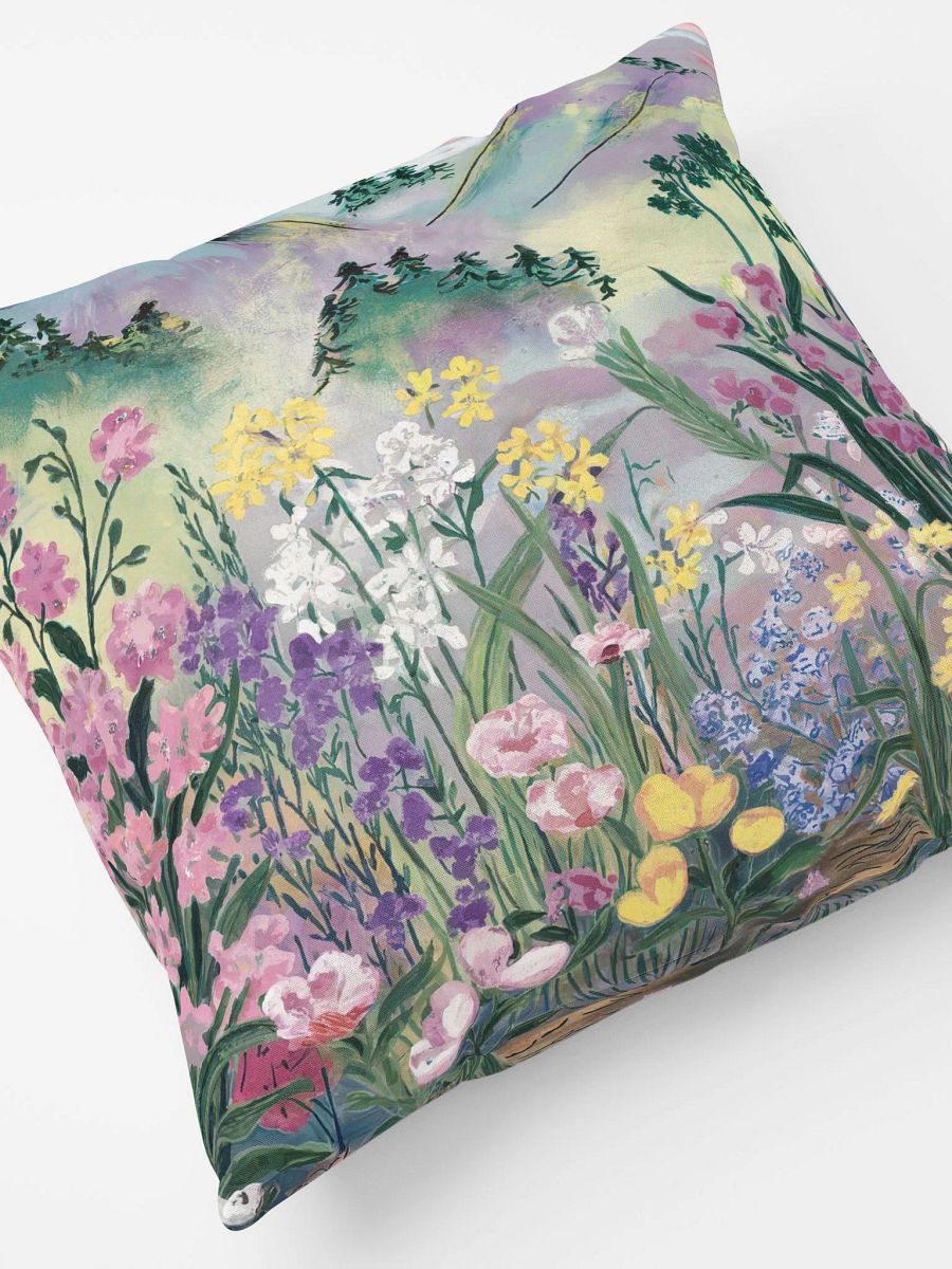 Watercolor Nature Scene Throw Pillow - Wildflowers & Mountain Landscape Accent Cushion for Living Room & Bedroom product image (2)