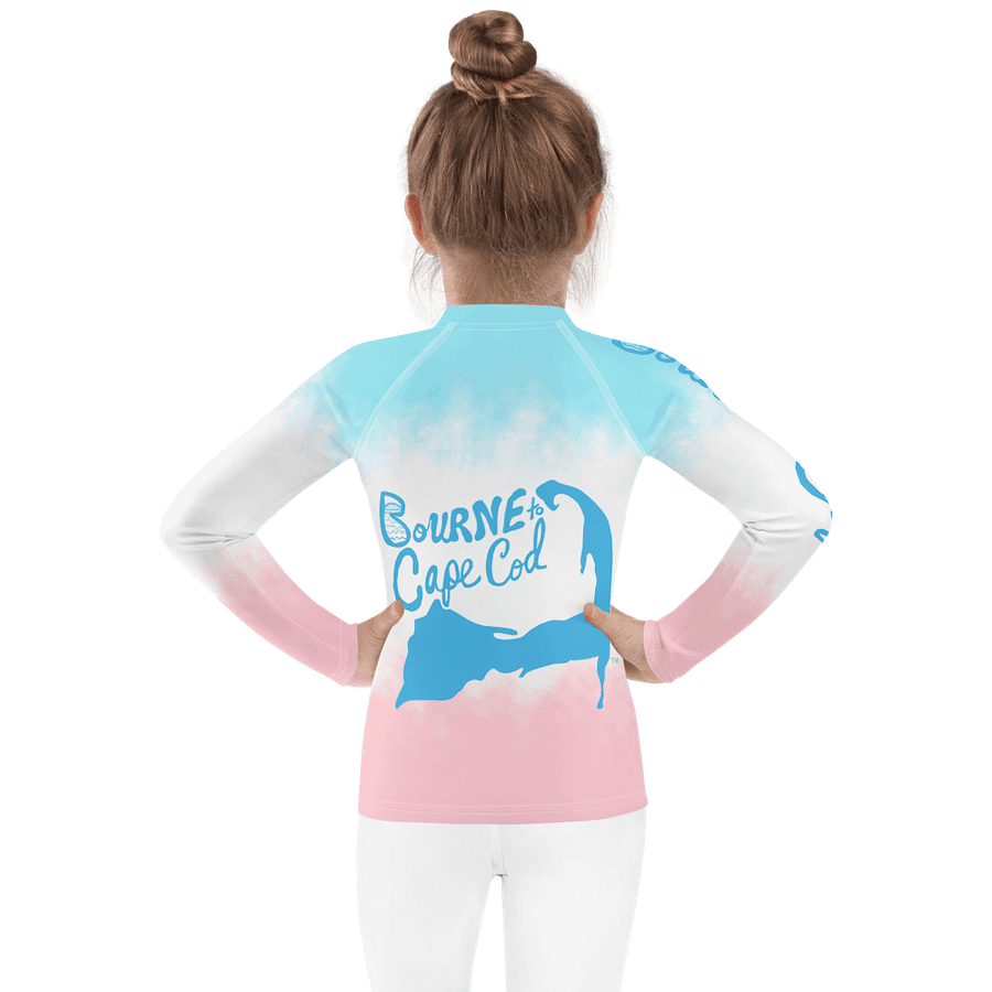 Girls' | Little KIDS | Rash Guard | BRN.2C.C.™ Front Print | BOURNE to Cape Cod™ Back & Sleeve Logo | Coastal UV Shirt for Active Kids | Slim Fit Swim Top | Blue Logo on Patriotic Pastels product image (2)