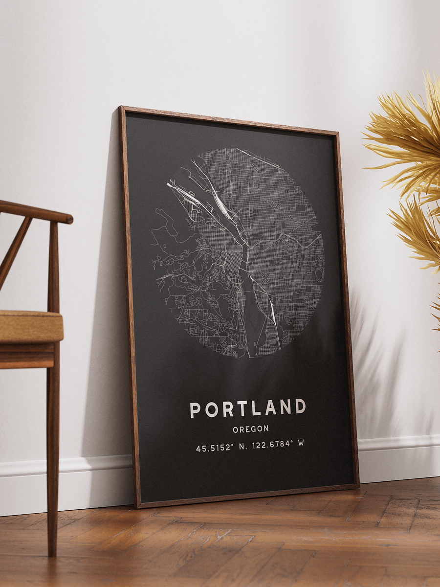 Portland Street Map Poster – Black Minimalist Circular City Art product image (2)