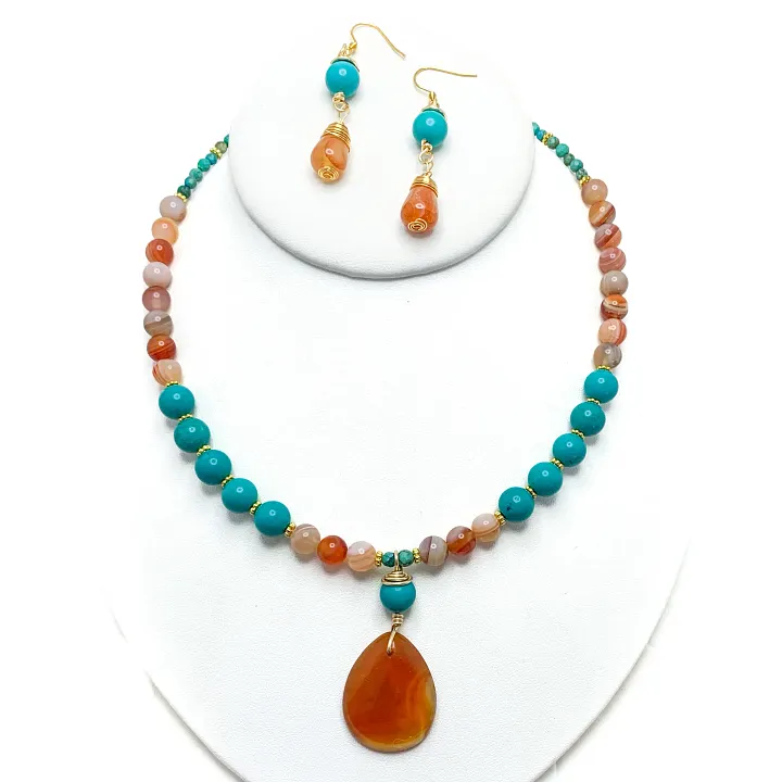 Carnelian, Turquoise, and Agate Necklace and Earrings Set product image (1)