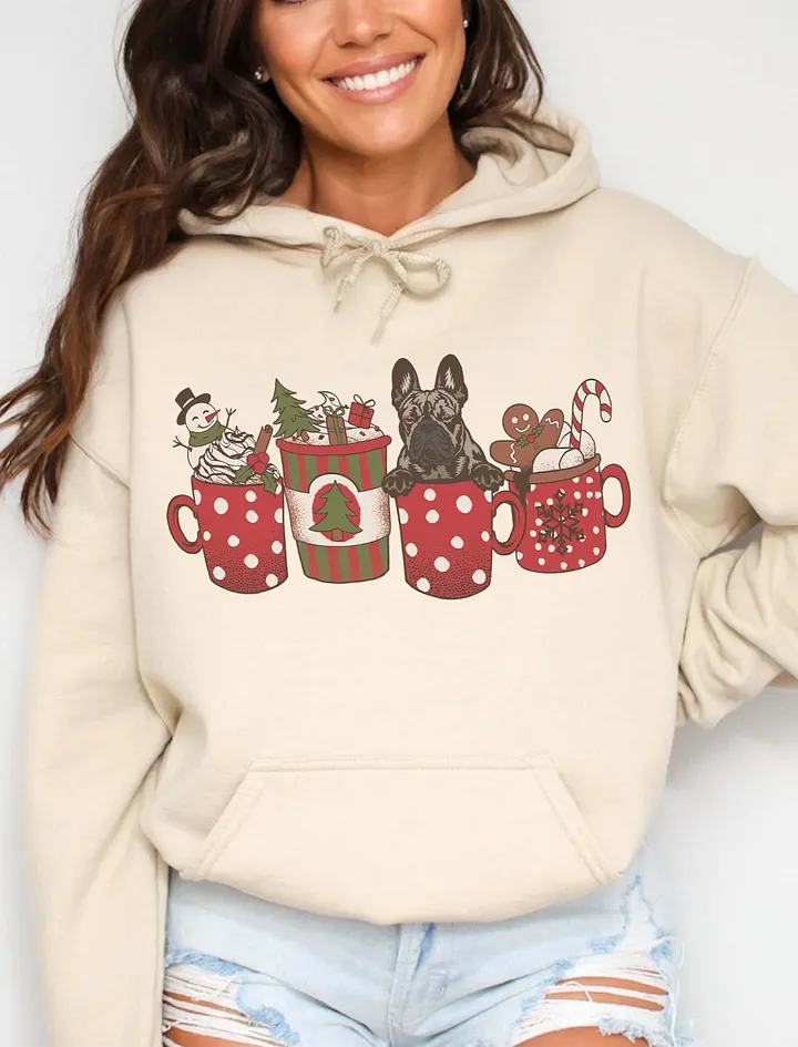 Cute French Bulldog in a Christmas Cup Hooded Sweatshirt | Funny Christmas Frenchie Pup in a Cup product image (16)