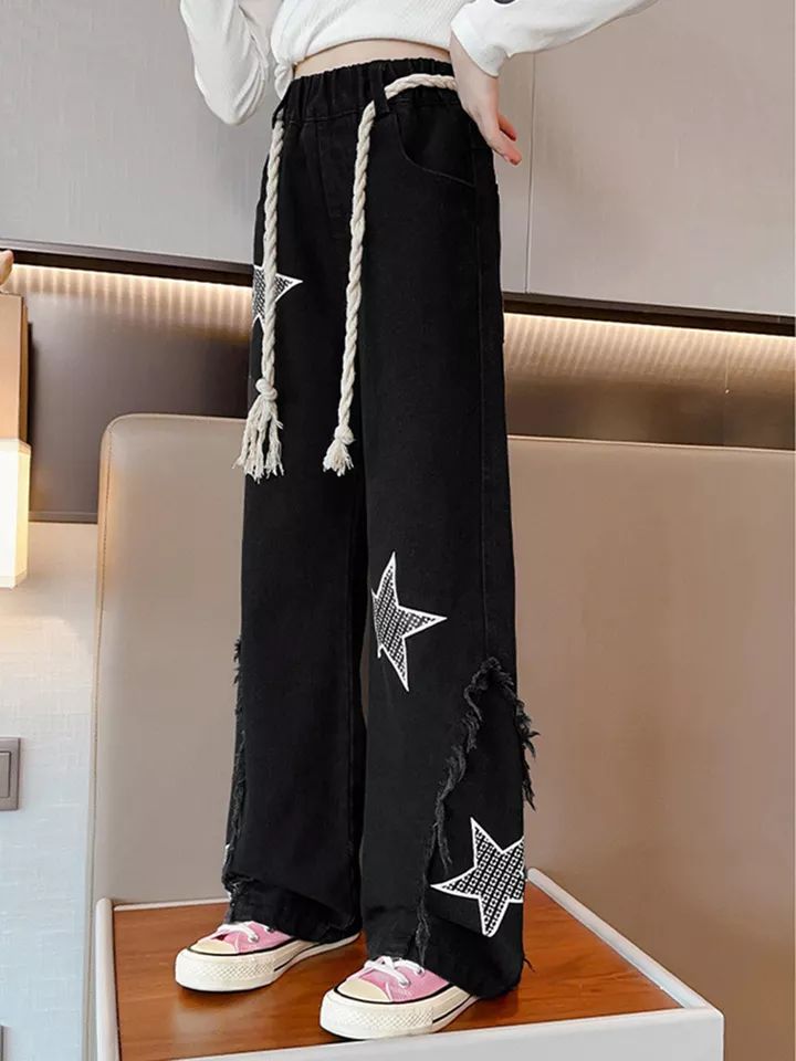 Kids Girls Jeans Unique Denim Pants Star Printed Trousers Ripped Casual product image (6)