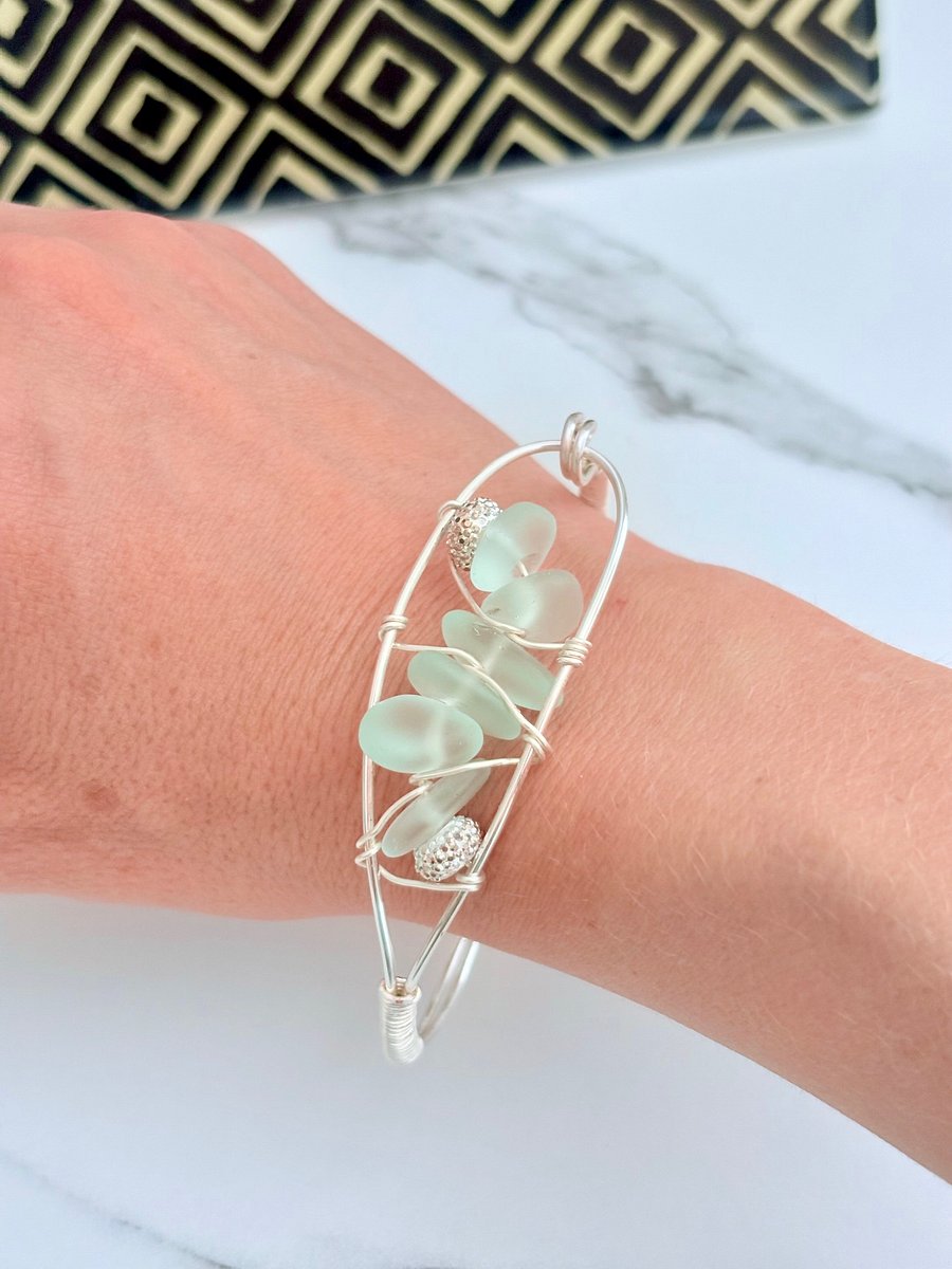 Seafoam Pebble Tide Bracelet | Wire-Wrapped Sea Glass | Handmade 7.5" Coastal Charm by Monique Faella Designs™ | MFD-00197 product image (7)