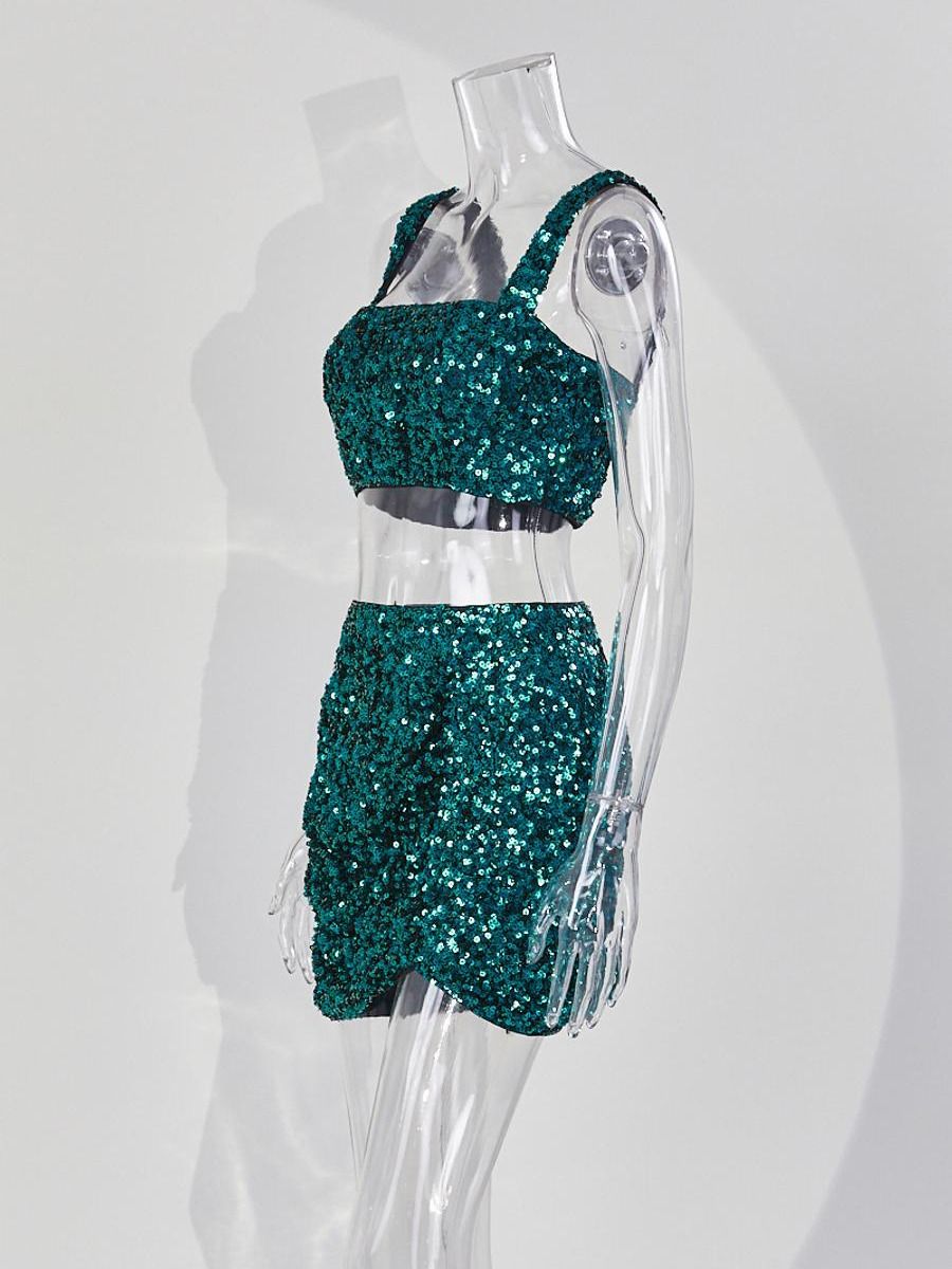 Wholesale sexy high quality slight stretch square neck sequin decor mini skirt sets product image (7)