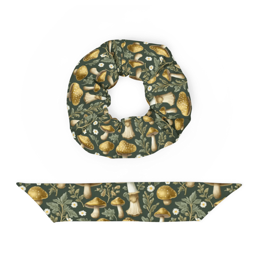 Hair Scrunchie - Golden Mushrooms on Dark Green product image (4)