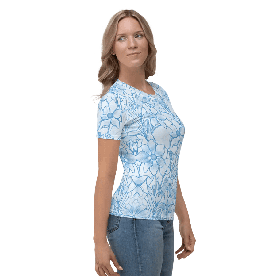 Line art Blue and White Floral/All-Over Print Women's Crew Neck T-Shirt by Sublicolor product image (8)