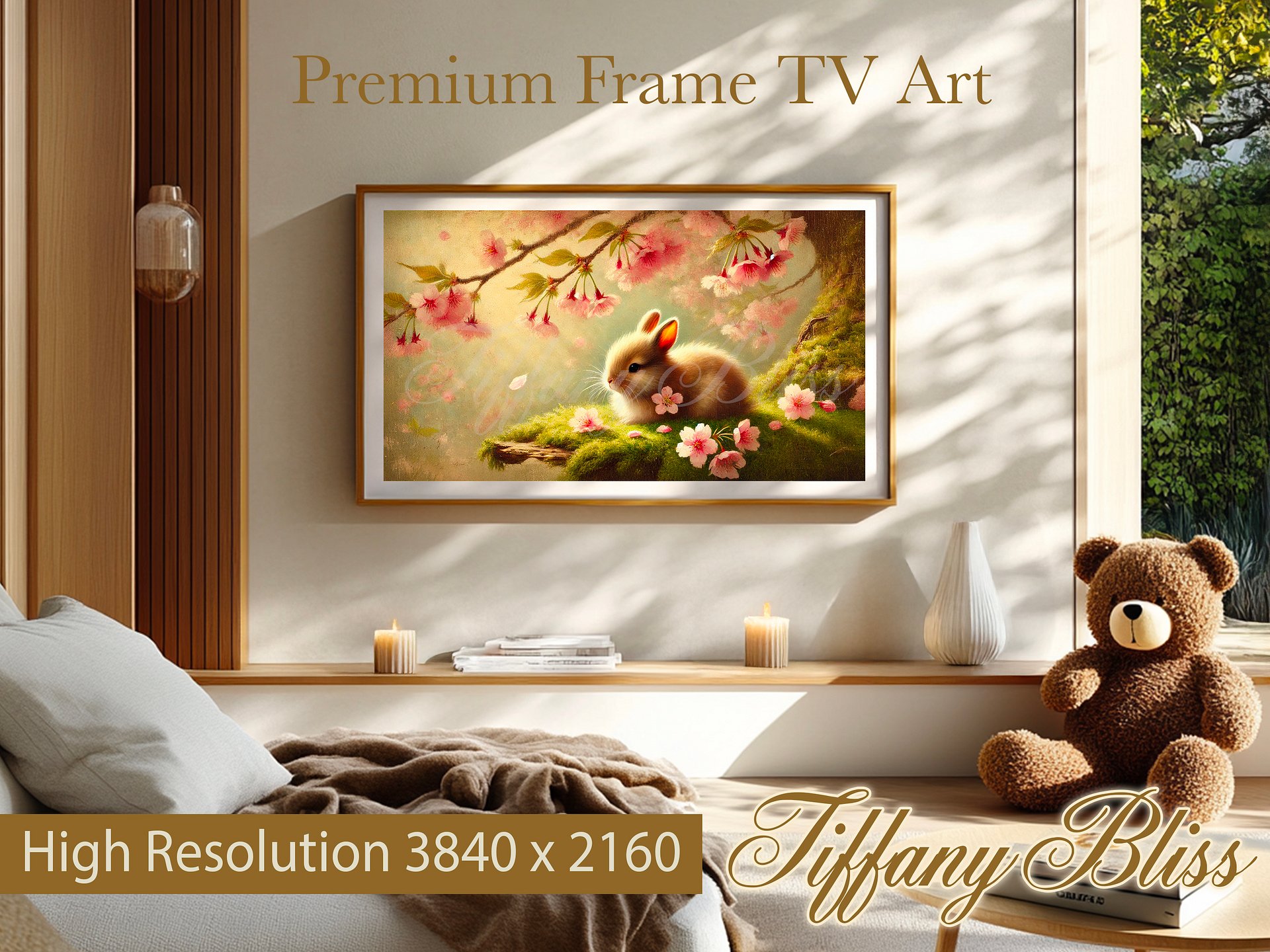 Spring Samsung Frame TV Art, Cherry Blossom Bunny Painting, Easter, Digital Download product image (5)