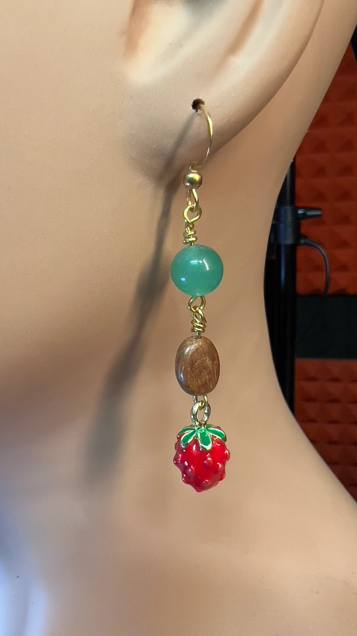 Earrings - Aventurine, Wood Beads, Strawberry Enamel Charms - Hand-made by JB product image (2)