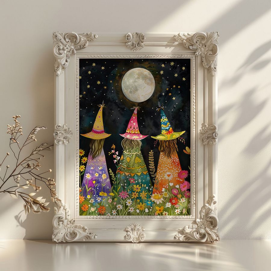 Whimsical Witches Under The Fullmoon Colorful Art Print product image (32)