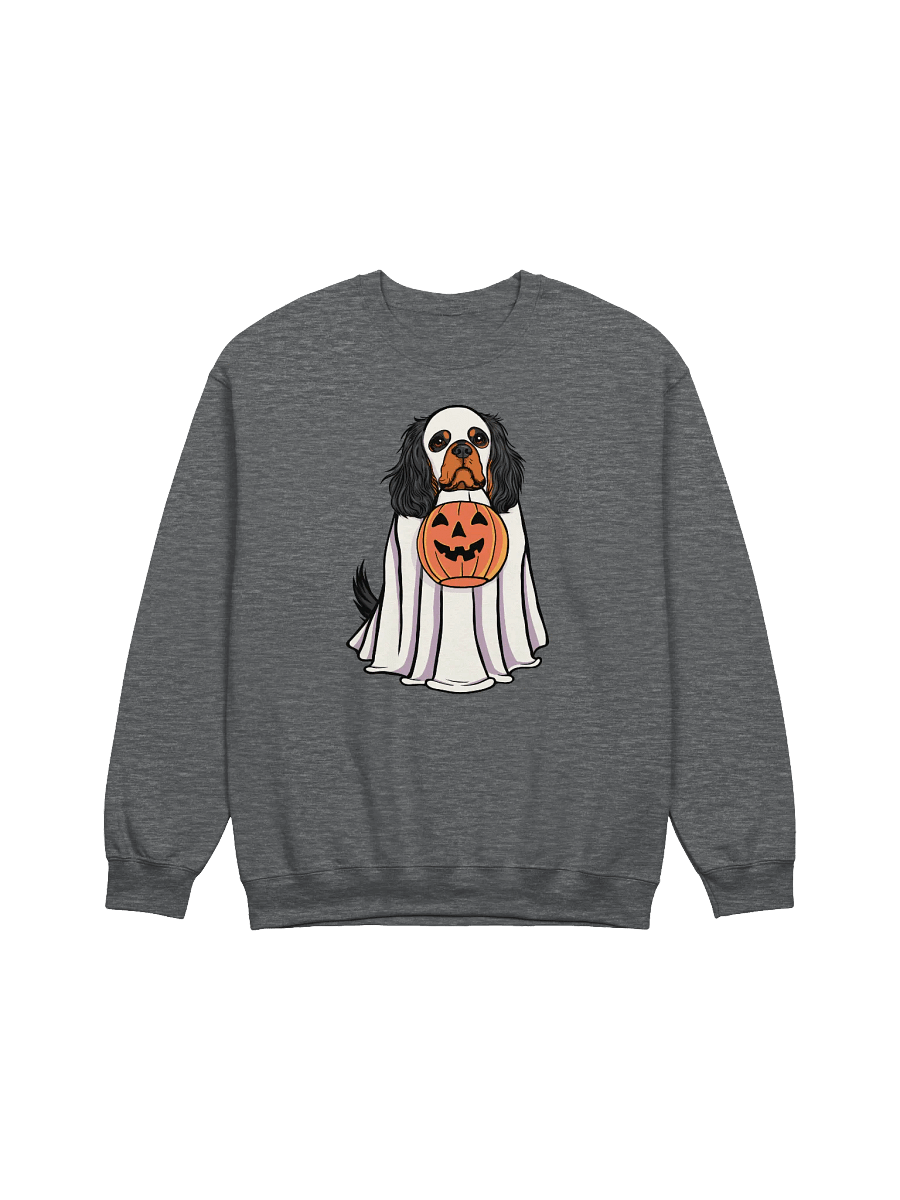 Funny Halloween Cavalier King Charles Spaniel(Black & Tan) Sweatshirt | Funny Cavalier Wearing a Ghost Costume and Holding a Pumpkin Basket product image (3)