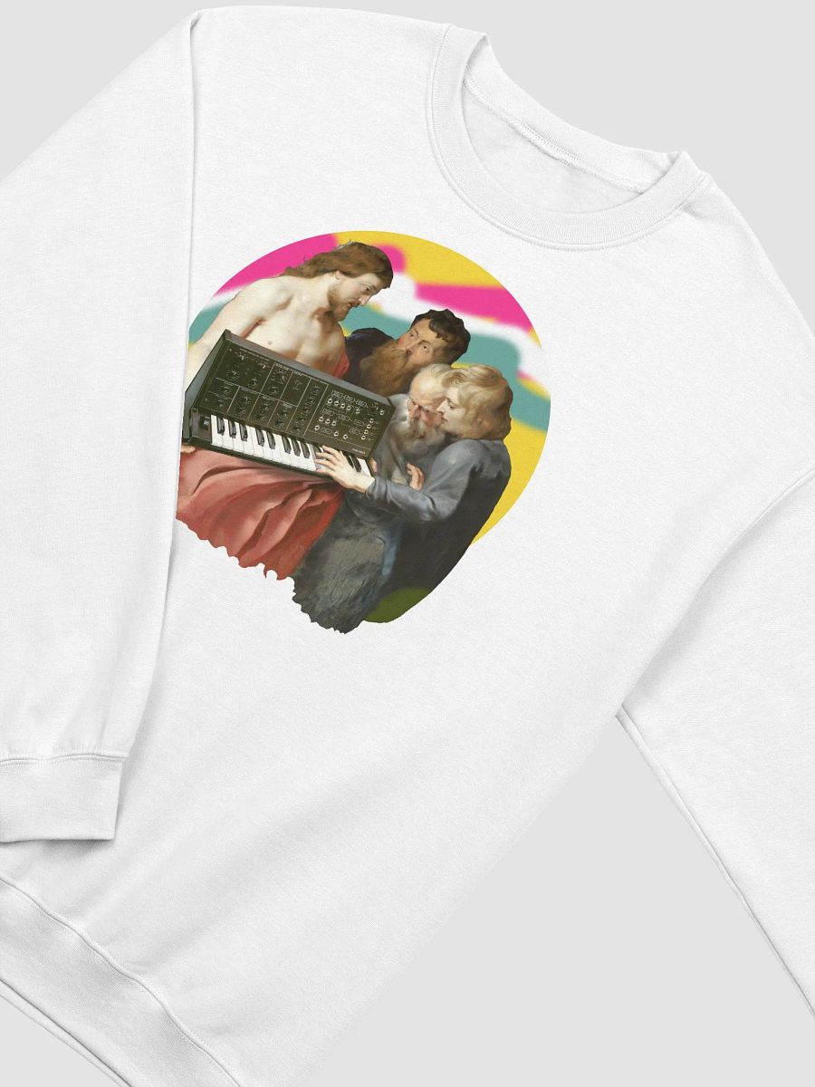 He died for our synths, by Frank Fonik, Techno EDM (Korg MS-10) Classic Crewneck Sweatshirt product image (1)