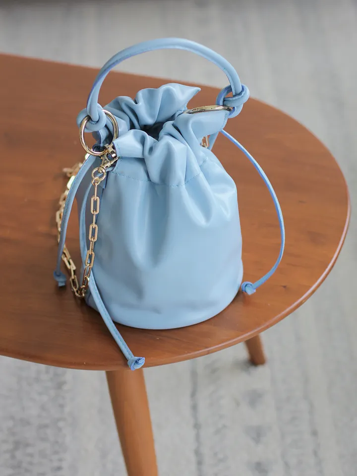 Sample Sale – Soft Leather Drawstring Bucket Bag – Light Blue product image (1)