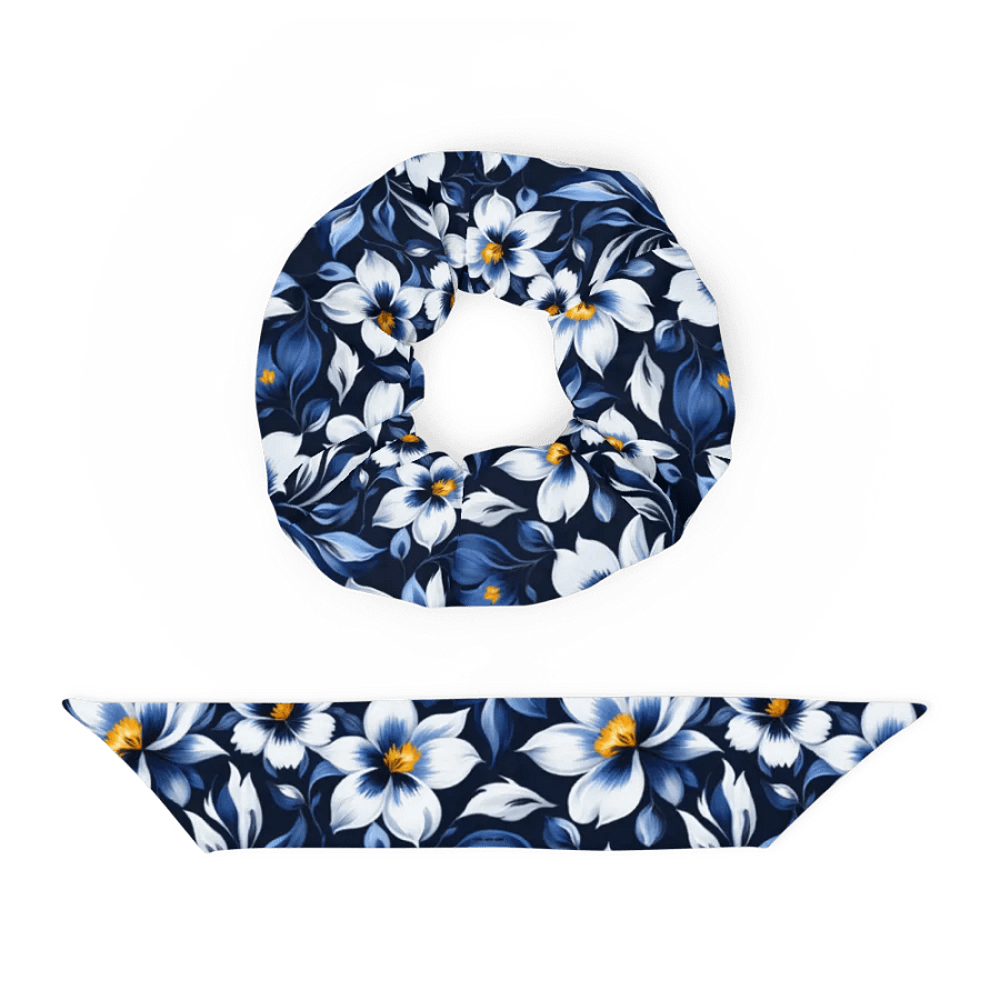 Hair Scrunchie - Floral Pattern in Blue and White on a Dark Blue Background product image (4)