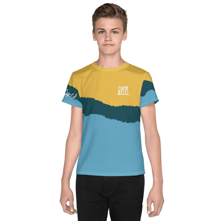 🦈 YOUTH | Boys’ | BOURNE to Cape Cod™ | Logo Tee – All-Over Print | BRN.2C.C.™ | Coastal Explorer Edition 🧭| White Logo on Abstract Landscape Graphic product image (1)