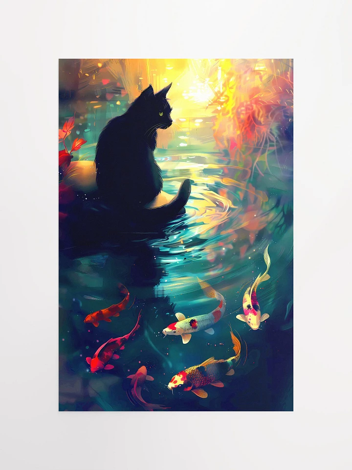 Dreamy Koi Pond with Mysterious Black Cat Matte Poster product image (2)